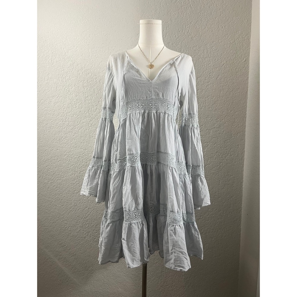 BCBGMAXAZRIA Jackleen Ruffled Peasant Dress Shadow Blue Crochet Lace Tiered Mini